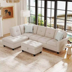 Divano a L Costway 98 con pouf portaoggetti mobile, schienali e sedute in tessuto di lino, portabicchieri, Beige/Grigio Scuro