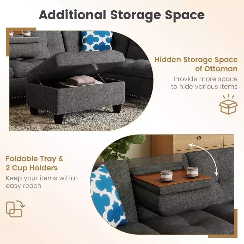 Divano a L Costway 98 con pouf portaoggetti mobile, schienali e sedute in tessuto di lino, portabicchieri, Beige/Grigio Scuro