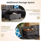 Divano a L Costway 98 con pouf portaoggetti mobile, schienali e sedute in tessuto di lino, portabicchieri, Beige/Grigio Scuro
