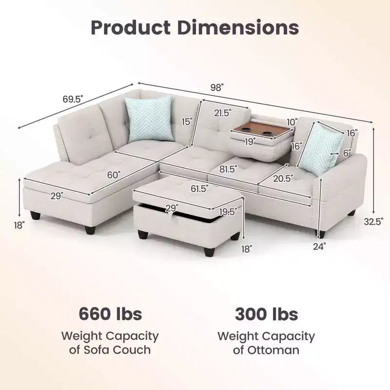 Divano a L Costway 98 con pouf portaoggetti mobile, schienali e sedute in tessuto di lino, portabicchieri, Beige/Grigio Scuro