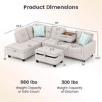 Divano a L Costway 98 con pouf portaoggetti mobile, schienali e sedute in tessuto di lino, portabicchieri, Beige/Grigio Scuro