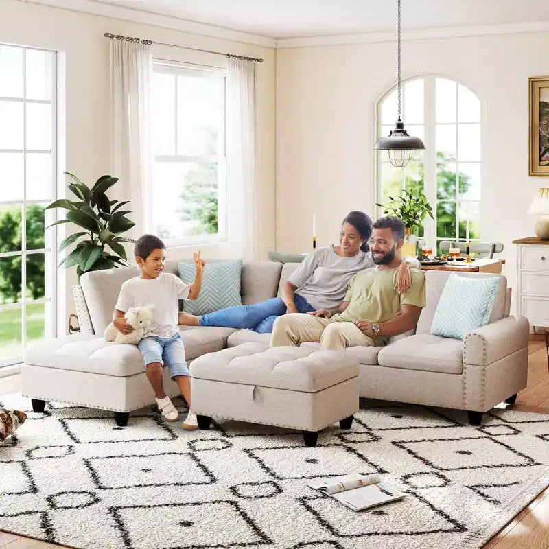Divano a L Costway 98 con pouf portaoggetti mobile, schienali e sedute in tessuto di lino, portabicchieri, Beige/Grigio Scuro