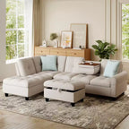 Divano a L Costway 98 con pouf portaoggetti mobile, schienali e sedute in tessuto di lino, portabicchieri, Beige/Grigio Scuro