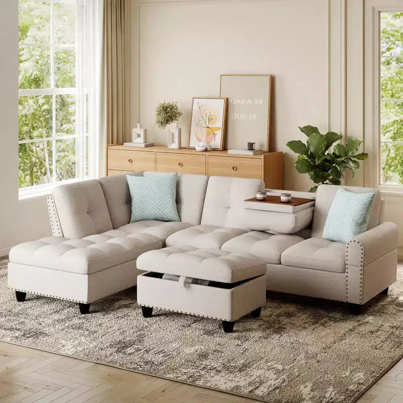 Divano a L Costway 98 con pouf portaoggetti mobile, schienali e sedute in tessuto di lino, portabicchieri, Beige/Grigio Scuro