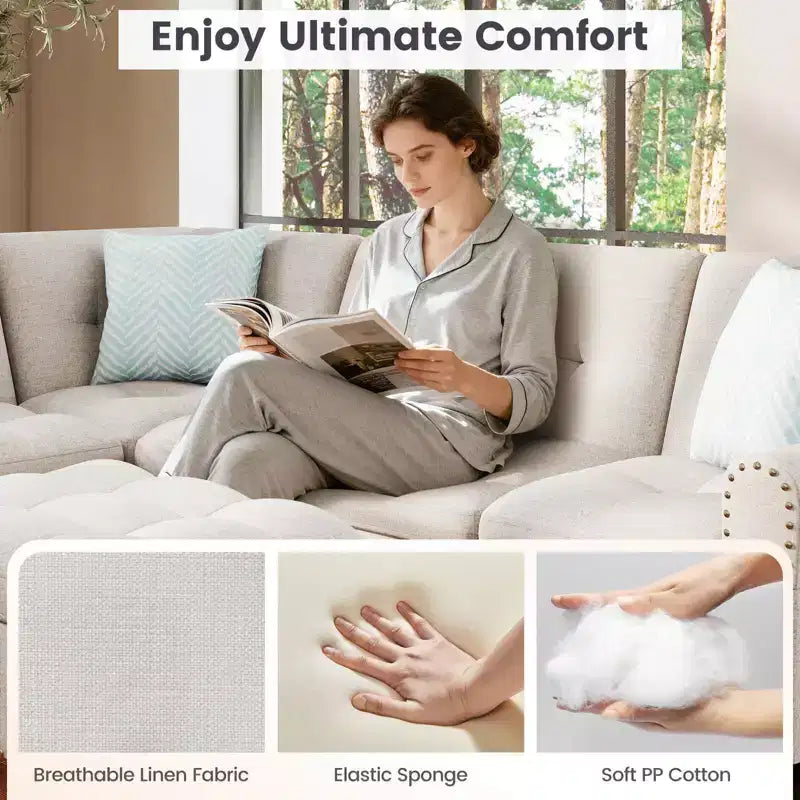 Divano a L Costway 98 con pouf portaoggetti mobile, schienali e sedute in tessuto di lino, portabicchieri, Beige/Grigio Scuro