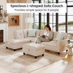 Divano a L Costway 98 con pouf portaoggetti mobile, schienali e sedute in tessuto di lino, portabicchieri, Beige/Grigio Scuro