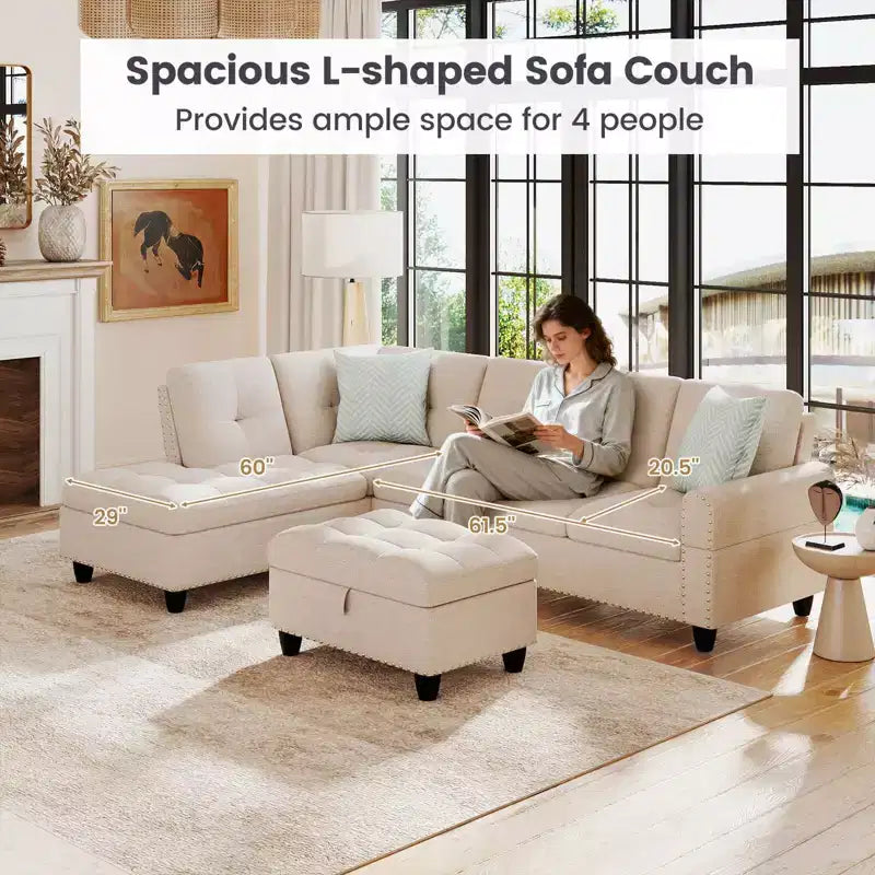 Divano a L Costway 98 con pouf portaoggetti mobile, schienali e sedute in tessuto di lino, portabicchieri, Beige/Grigio Scuro