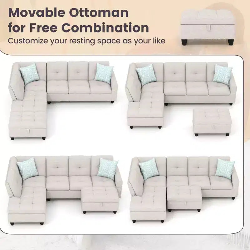 Divano a L Costway 98 con pouf portaoggetti mobile, schienali e sedute in tessuto di lino, portabicchieri, Beige/Grigio Scuro