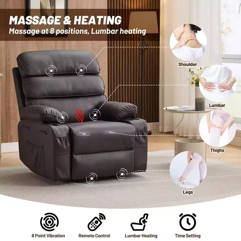 Poltrona reclinabile extra large in pelle PU per adulti con massaggio e calore, portabicchieri, tasche laterali, comfort lussuoso per soggiorno e camera da letto