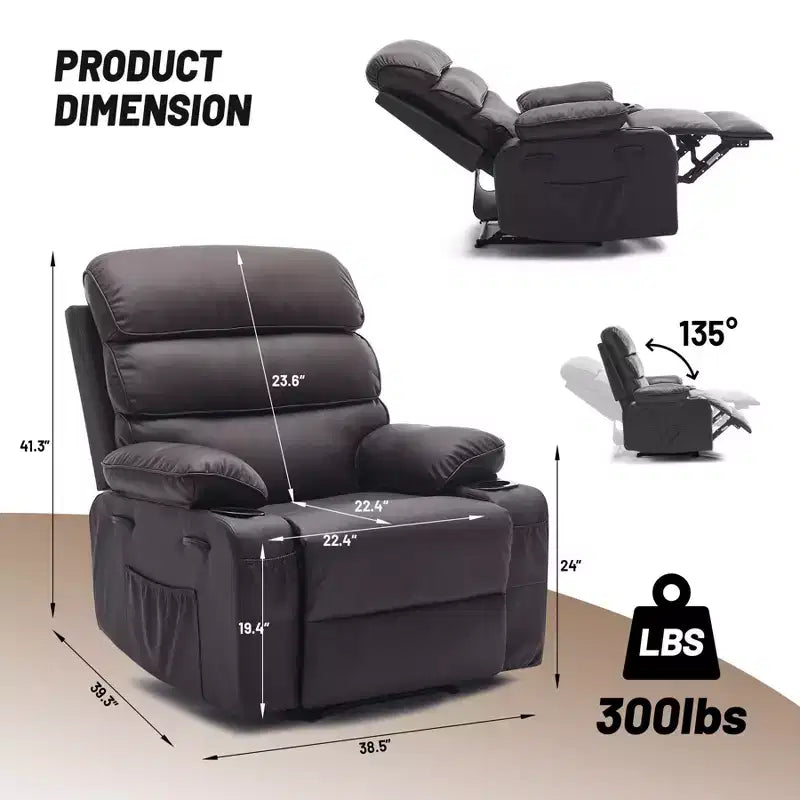 Poltrona reclinabile extra large in pelle PU per adulti con massaggio e calore, portabicchieri, tasche laterali, comfort lussuoso per soggiorno e camera da letto