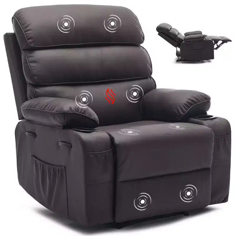 Poltrona reclinabile extra large in pelle PU per adulti con massaggio e calore, portabicchieri, tasche laterali, comfort lussuoso per soggiorno e camera da letto