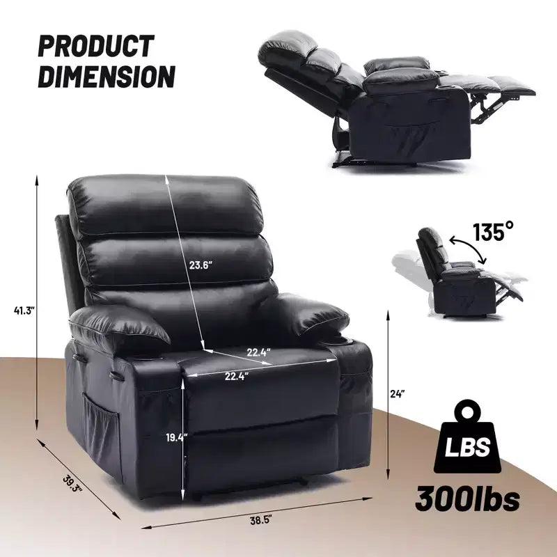 Poltrona reclinabile extra large in pelle PU per adulti con massaggio e calore, portabicchieri, tasche laterali, comfort lussuoso per soggiorno e camera da letto