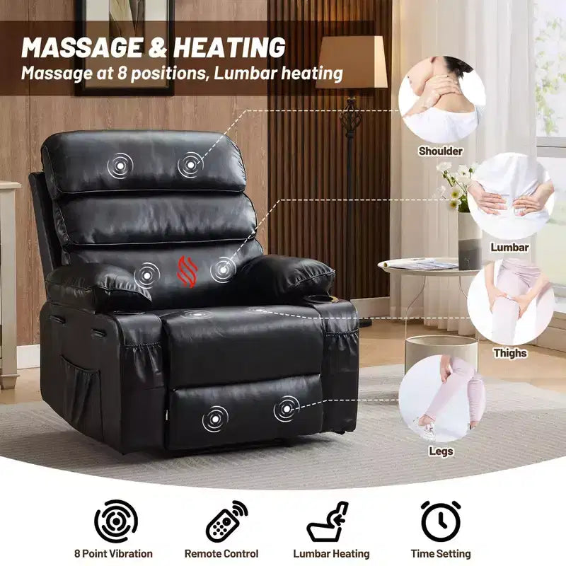 Poltrona reclinabile extra large in pelle PU per adulti con massaggio e calore, portabicchieri, tasche laterali, comfort lussuoso per soggiorno e camera da letto