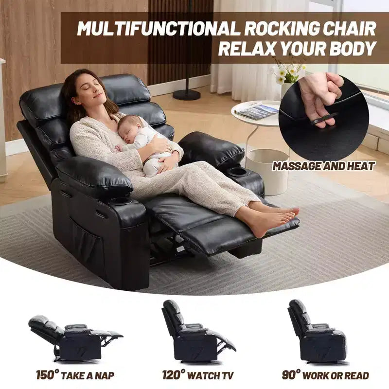 Poltrona reclinabile extra large in pelle PU per adulti con massaggio e calore, portabicchieri, tasche laterali, comfort lussuoso per soggiorno e camera da letto
