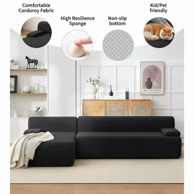 Divano sezionale a L in tessuto GustoWave 108 con chaise longue - Divano senza struttura morbido e soffice in velluto a coste per soggiorno, nessun montaggio richiesto