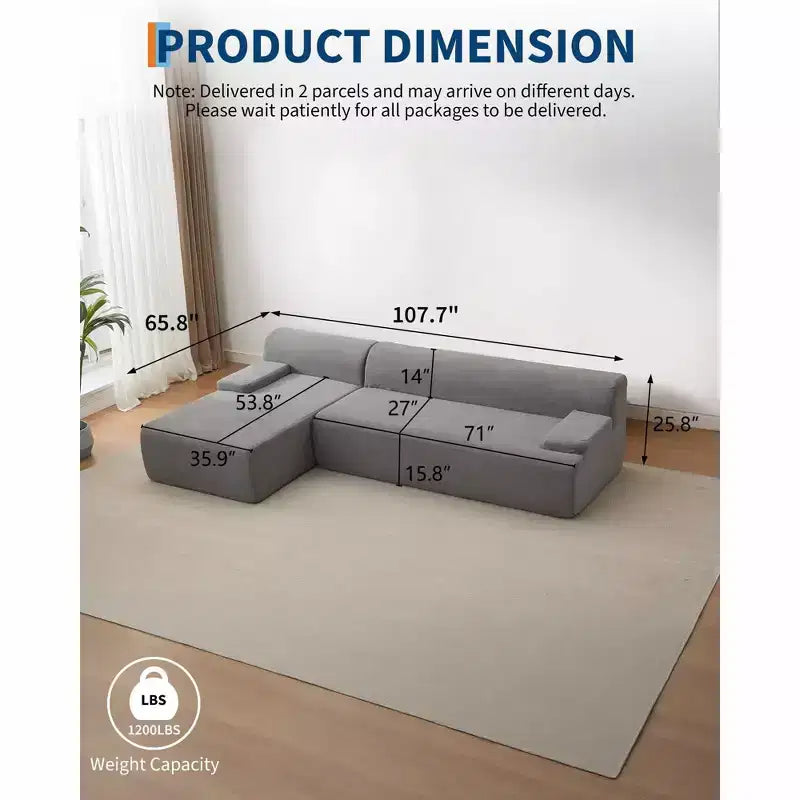 Divano sezionale a L in tessuto GustoWave 108 con chaise longue - Divano senza struttura morbido e soffice in velluto a coste per soggiorno, nessun montaggio richiesto