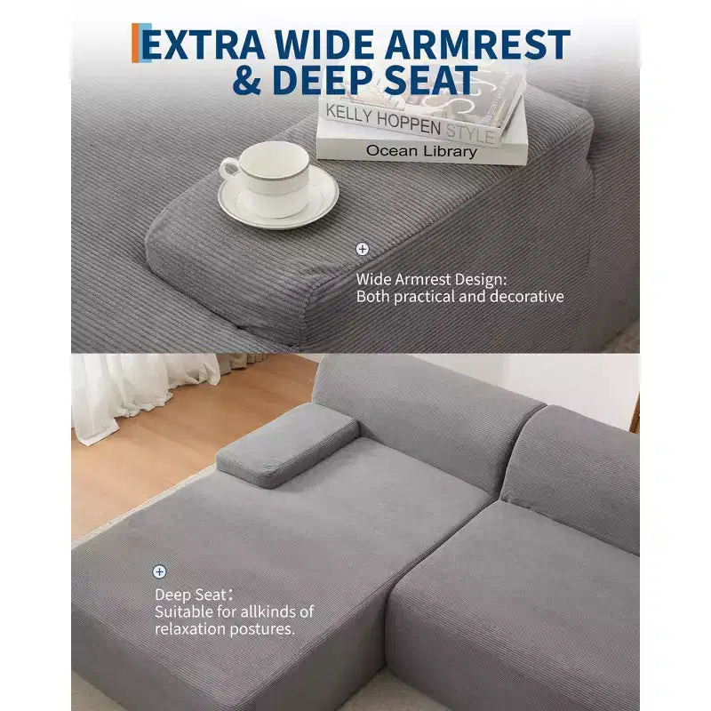 Divano sezionale a L in tessuto GustoWave 108 con chaise longue - Divano senza struttura morbido e soffice in velluto a coste per soggiorno, nessun montaggio richiesto