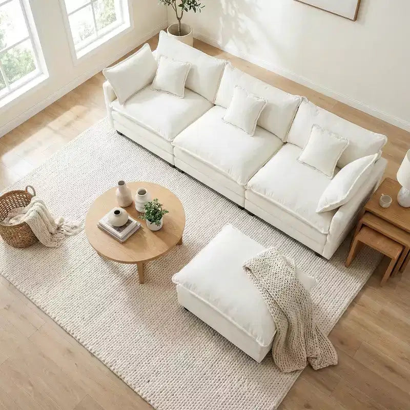 Divano sezionale a 3 posti in ciniglia  Divano letto modulare con seduta profonda, pouf e tasca laterale