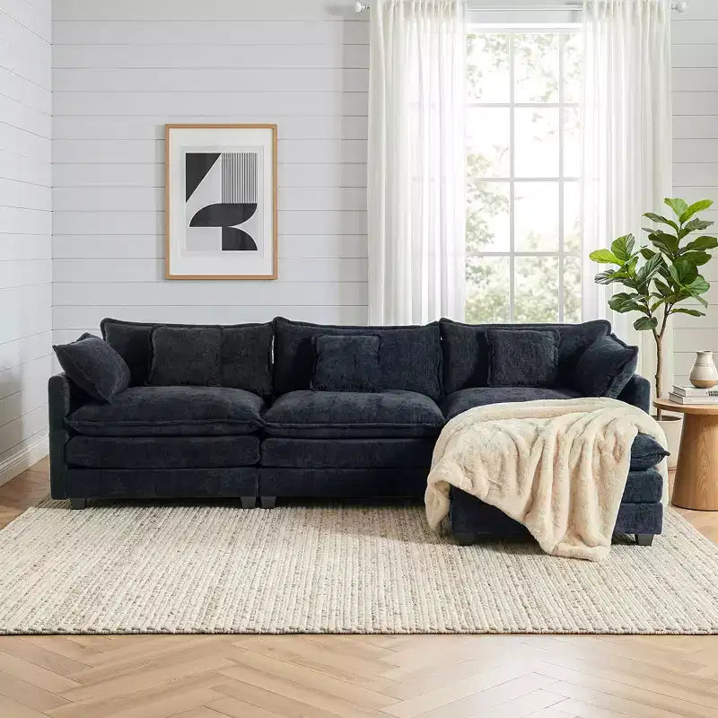 Divano sezionale a 3 posti in ciniglia  Divano letto modulare con seduta profonda, pouf e tasca laterale