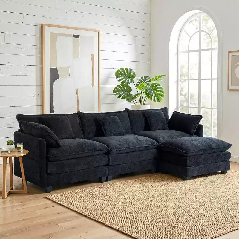 Divano sezionale a 3 posti in ciniglia  Divano letto modulare con seduta profonda, pouf e tasca laterale