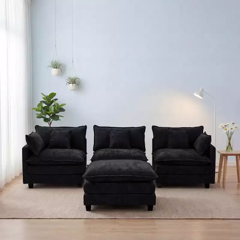 Divano sezionale a 3 posti in ciniglia  Divano letto modulare con seduta profonda, pouf e tasca laterale