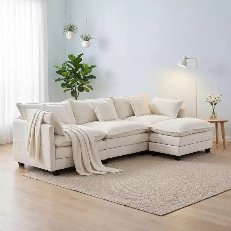 Divano sezionale a 3 posti in ciniglia  Divano letto modulare con seduta profonda, pouf e tasca laterale
