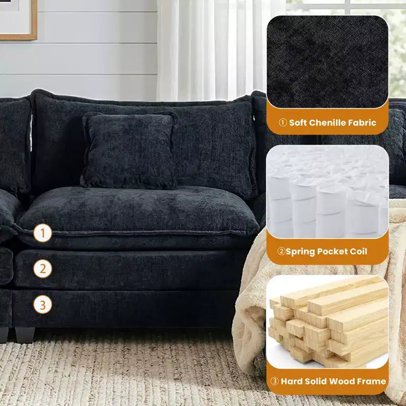 Divano sezionale a 3 posti in ciniglia  Divano letto modulare con seduta profonda, pouf e tasca laterale