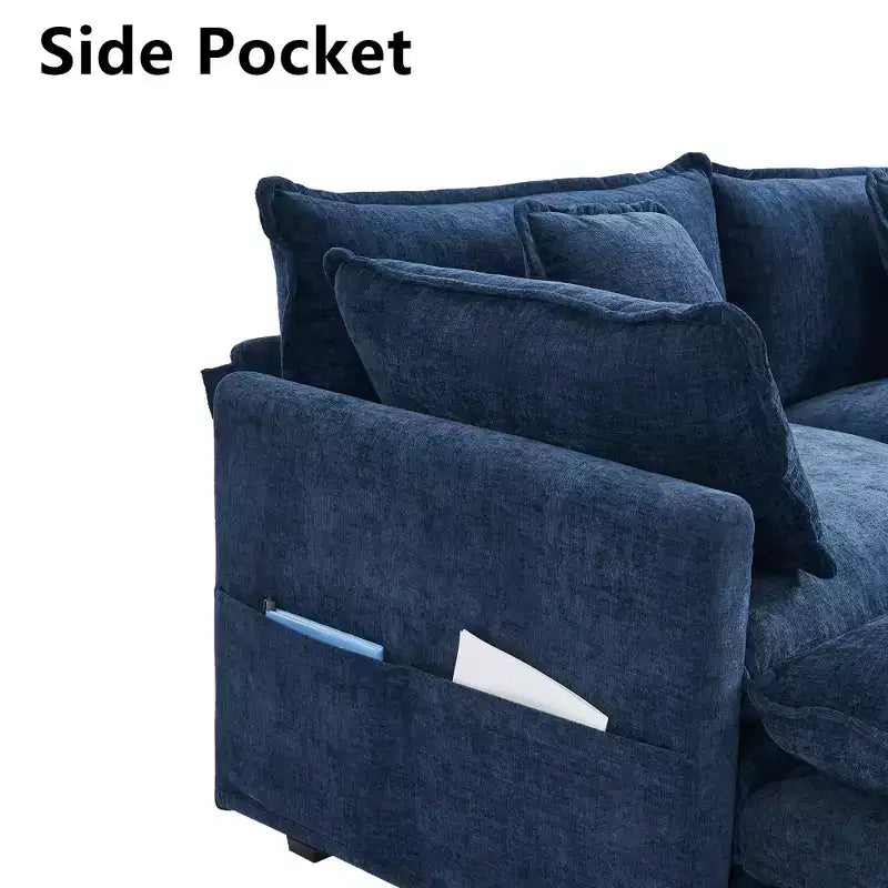 Divano sezionale a 3 posti in ciniglia  Divano letto modulare con seduta profonda, pouf e tasca laterale