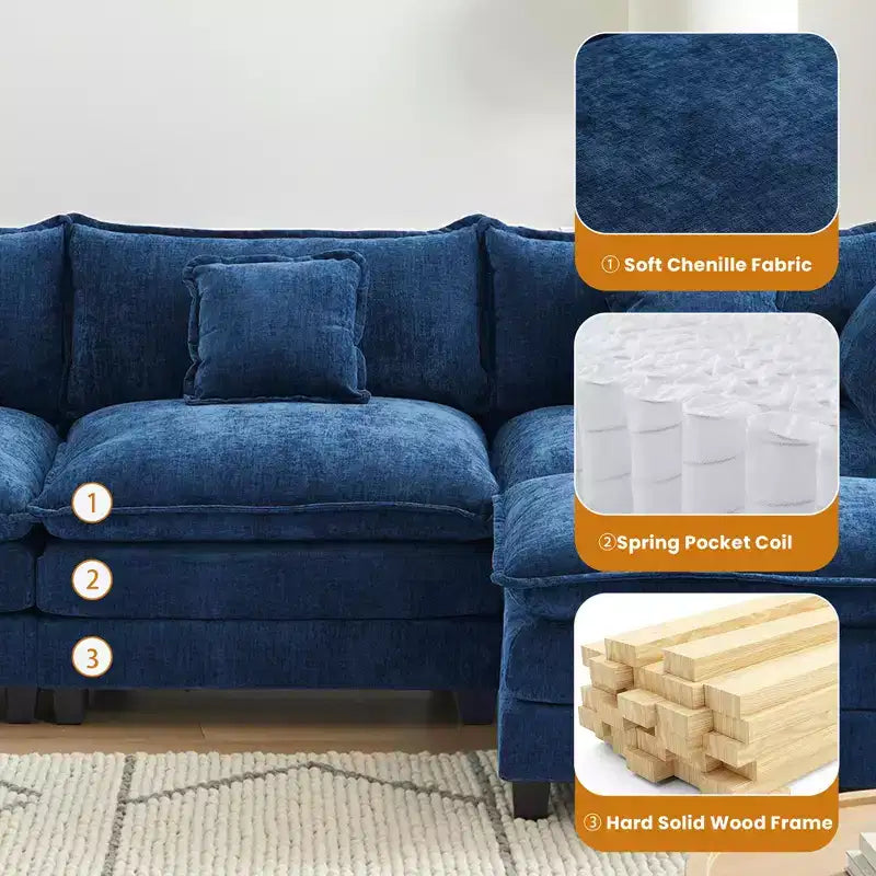 Divano sezionale a 3 posti in ciniglia  Divano letto modulare con seduta profonda, pouf e tasca laterale