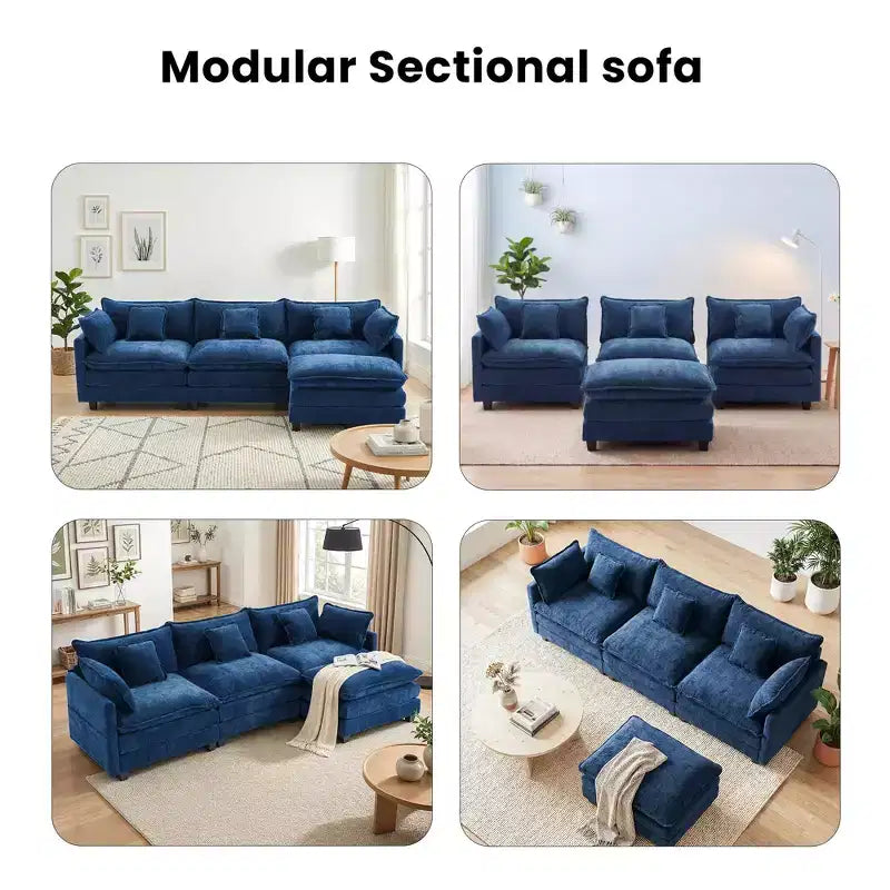 Divano sezionale a 3 posti in ciniglia  Divano letto modulare con seduta profonda, pouf e tasca laterale