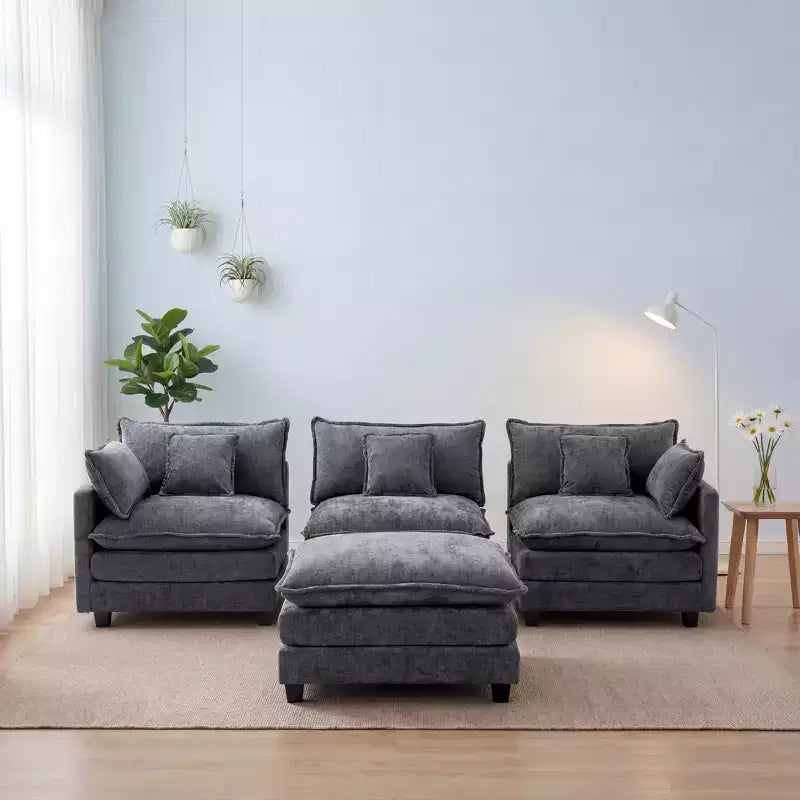 Divano sezionale a 3 posti in ciniglia  Divano letto modulare con seduta profonda, pouf e tasca laterale