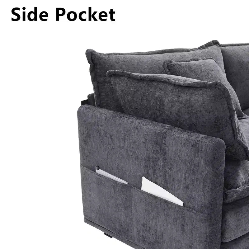 Divano sezionale a 3 posti in ciniglia  Divano letto modulare con seduta profonda, pouf e tasca laterale