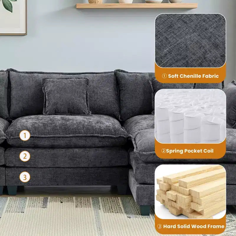 Divano sezionale a 3 posti in ciniglia  Divano letto modulare con seduta profonda, pouf e tasca laterale