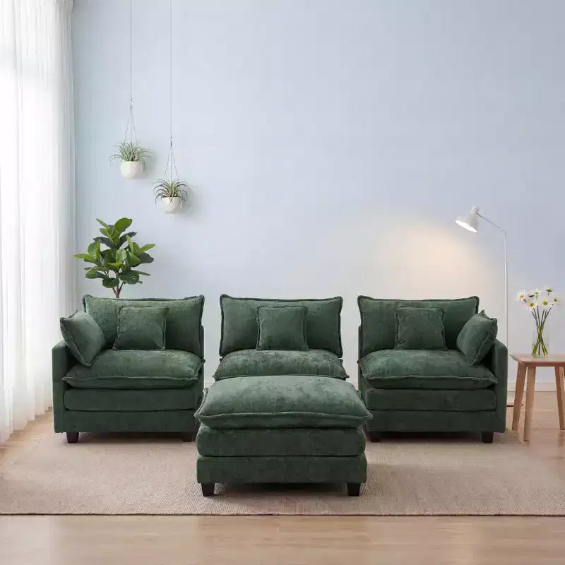 Divano sezionale a 3 posti in ciniglia  Divano letto modulare con seduta profonda, pouf e tasca laterale