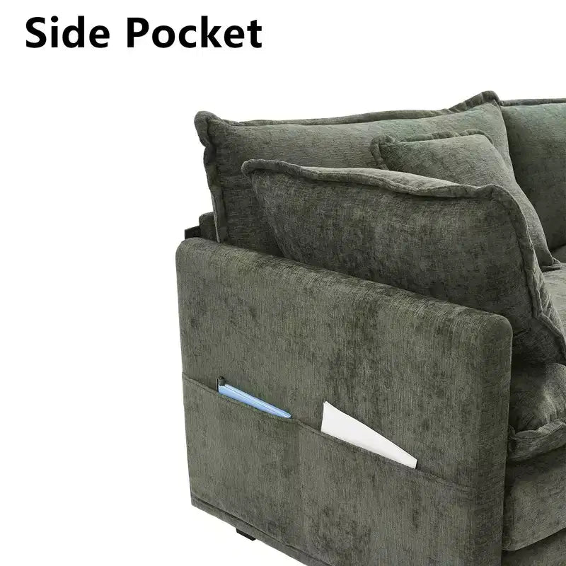 Divano sezionale a 3 posti in ciniglia  Divano letto modulare con seduta profonda, pouf e tasca laterale