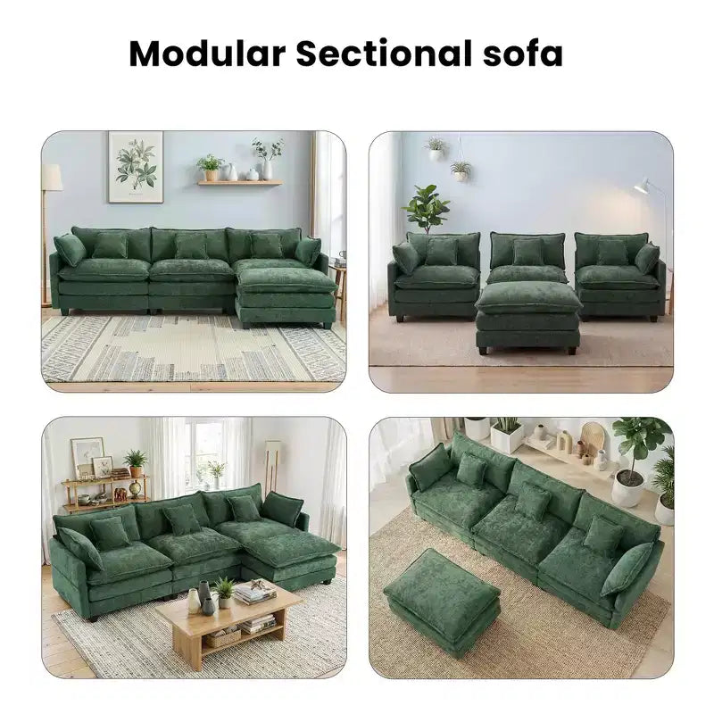 Divano sezionale a 3 posti in ciniglia  Divano letto modulare con seduta profonda, pouf e tasca laterale