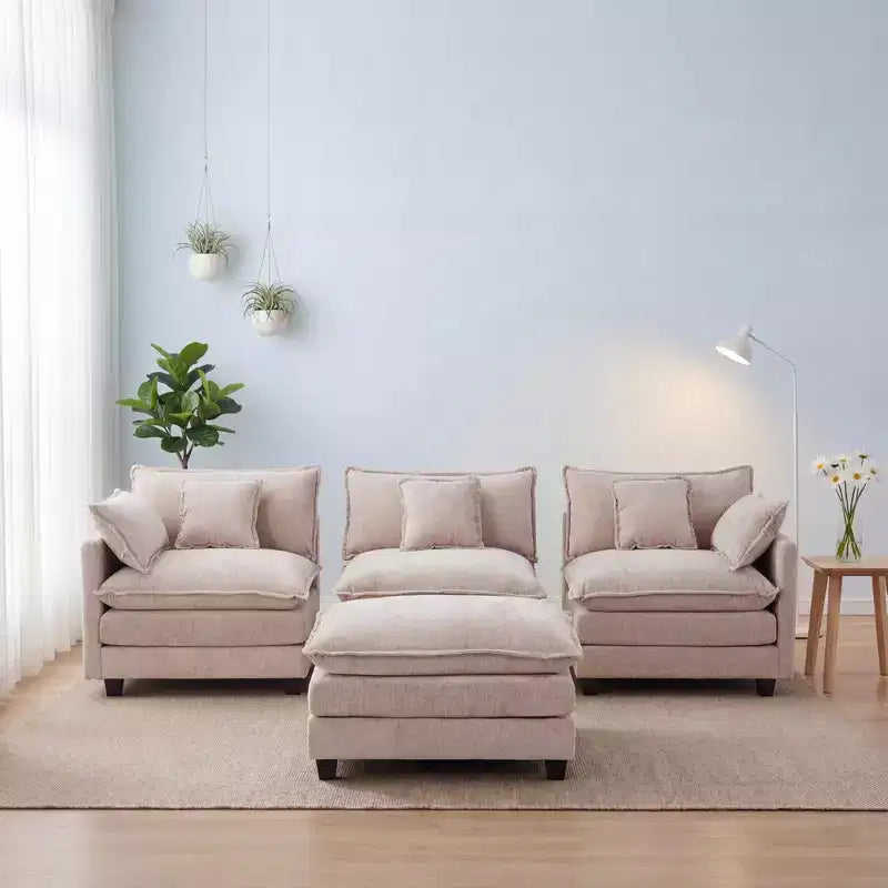 Divano sezionale a 3 posti in ciniglia  Divano letto modulare con seduta profonda, pouf e tasca laterale