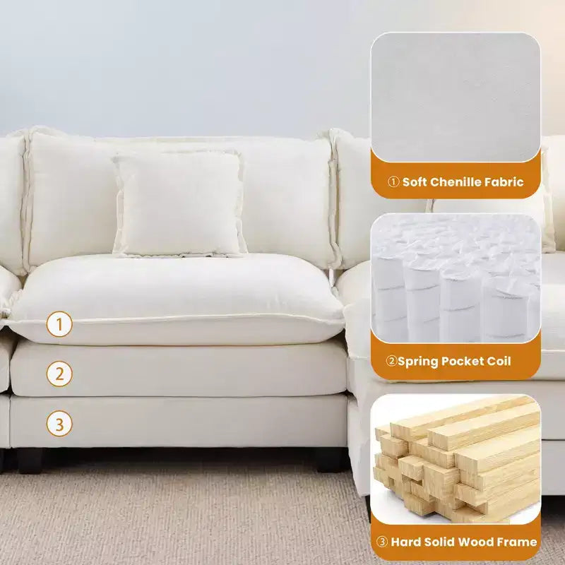 Divano sezionale a 3 posti in ciniglia  Divano letto modulare con seduta profonda, pouf e tasca laterale