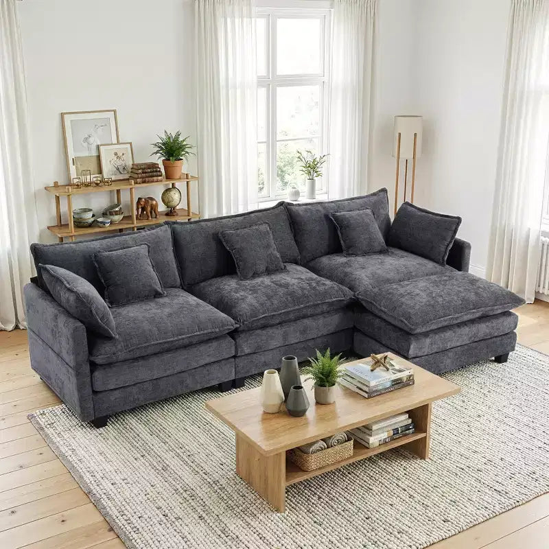 Divano sezionale a 3 posti in ciniglia  Divano letto modulare con seduta profonda, pouf e tasca laterale
