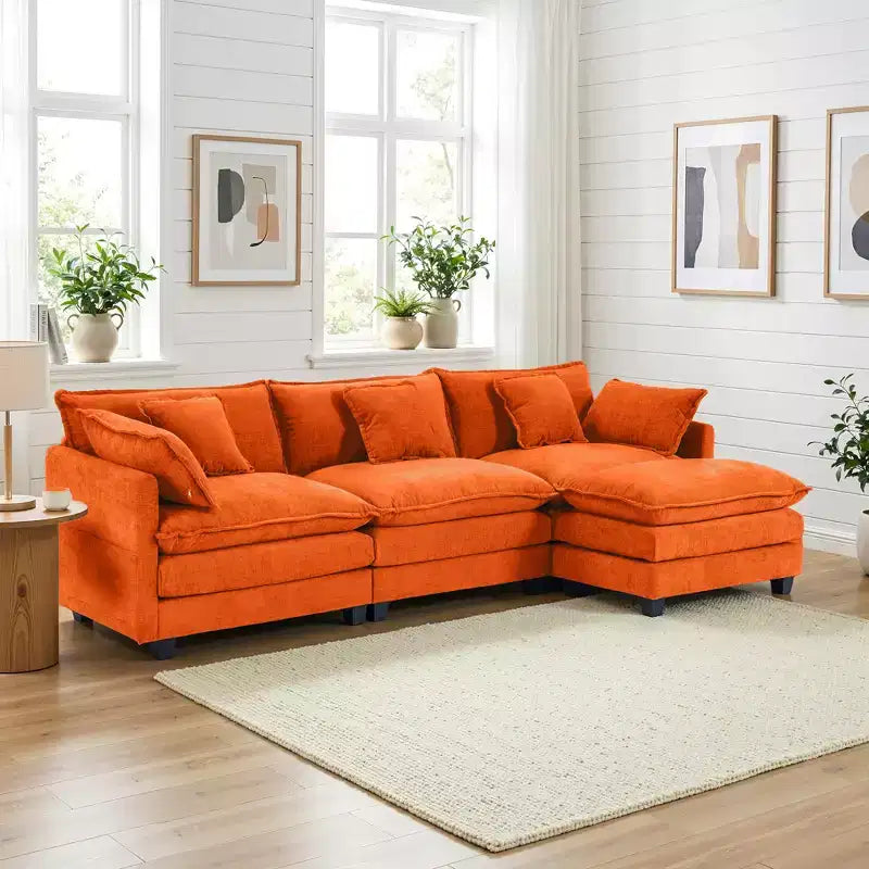 Divano sezionale a 3 posti in ciniglia  Divano letto modulare con seduta profonda, pouf e tasca laterale