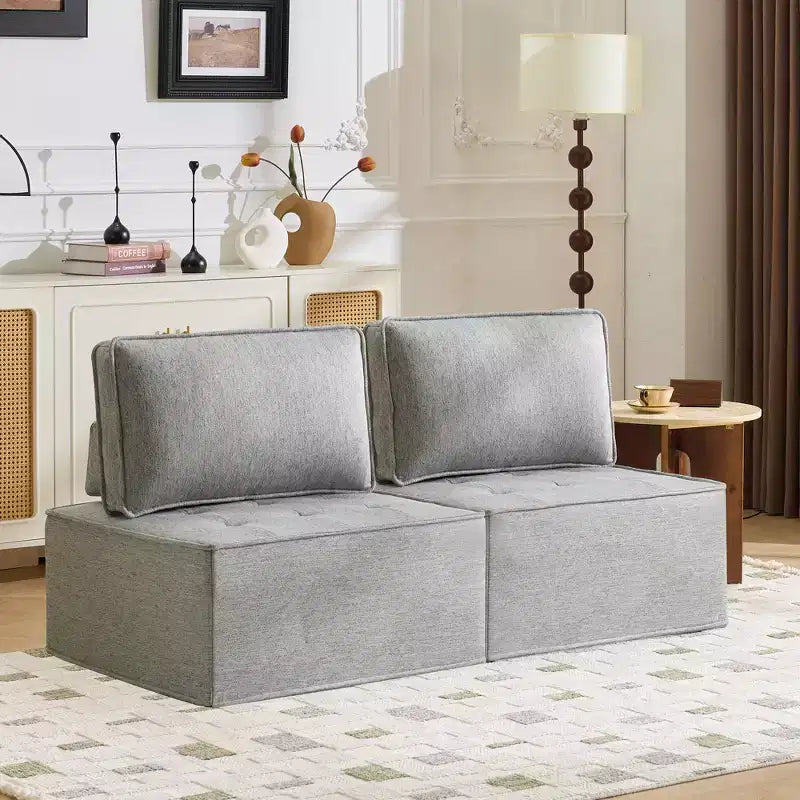 Divano Modulare in Lino Grigio Chiaro con Struttura in Legno – Combinabile per Piccoli Spazi