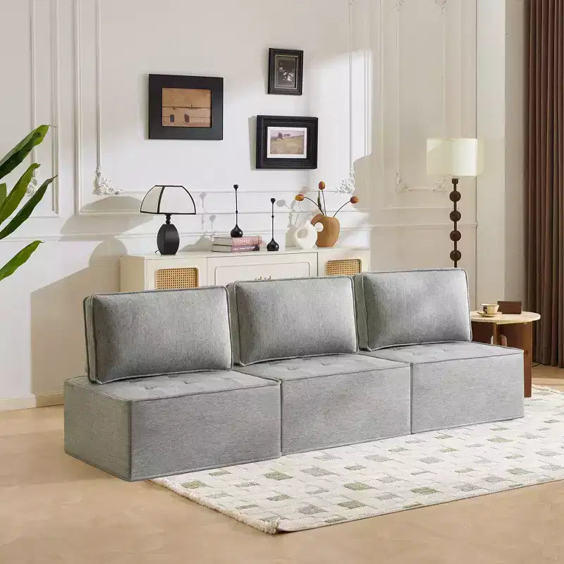 Divano Modulare in Lino Grigio Chiaro con Struttura in Legno – Combinabile per Piccoli Spazi