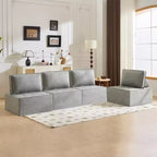 Divano Modulare in Lino Grigio Chiaro con Struttura in Legno – Combinabile per Piccoli Spazi