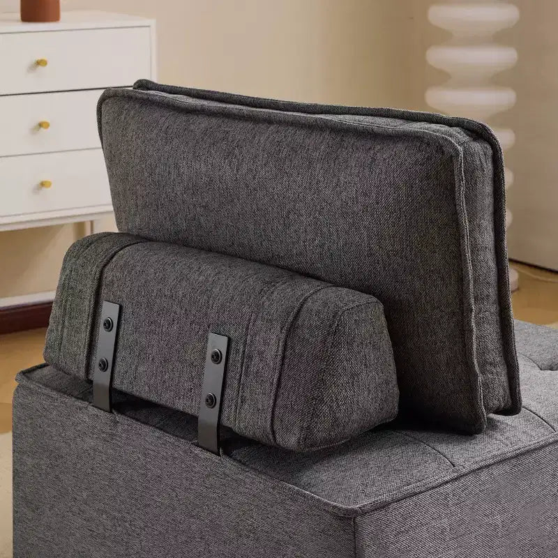 Divano modulare in lino grigio scuro con struttura in legno, su misura per spazi ridotti e qualsiasi arredamento