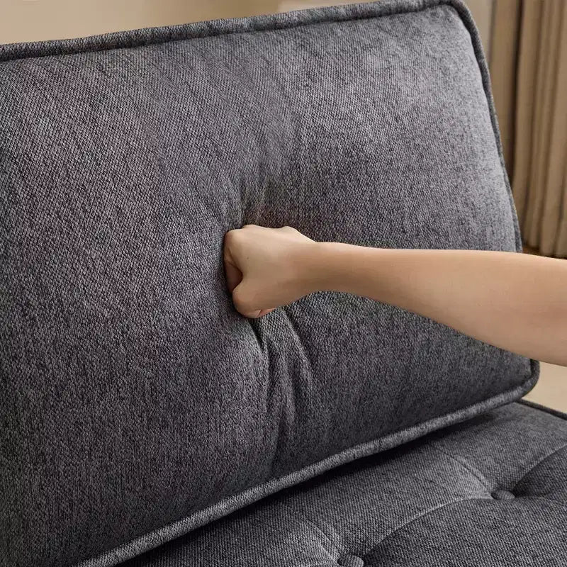 Divano modulare in lino grigio scuro con struttura in legno, su misura per spazi ridotti e qualsiasi arredamento
