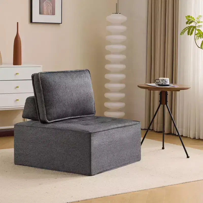 Divano modulare in lino grigio scuro con struttura in legno, su misura per spazi ridotti e qualsiasi arredamento