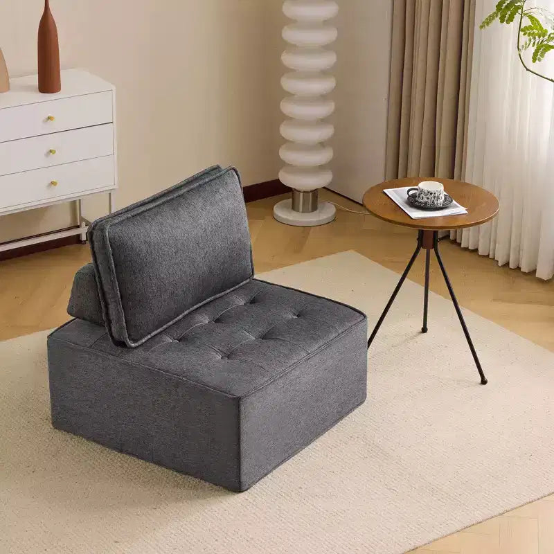 Divano modulare in lino grigio scuro con struttura in legno, su misura per spazi ridotti e qualsiasi arredamento