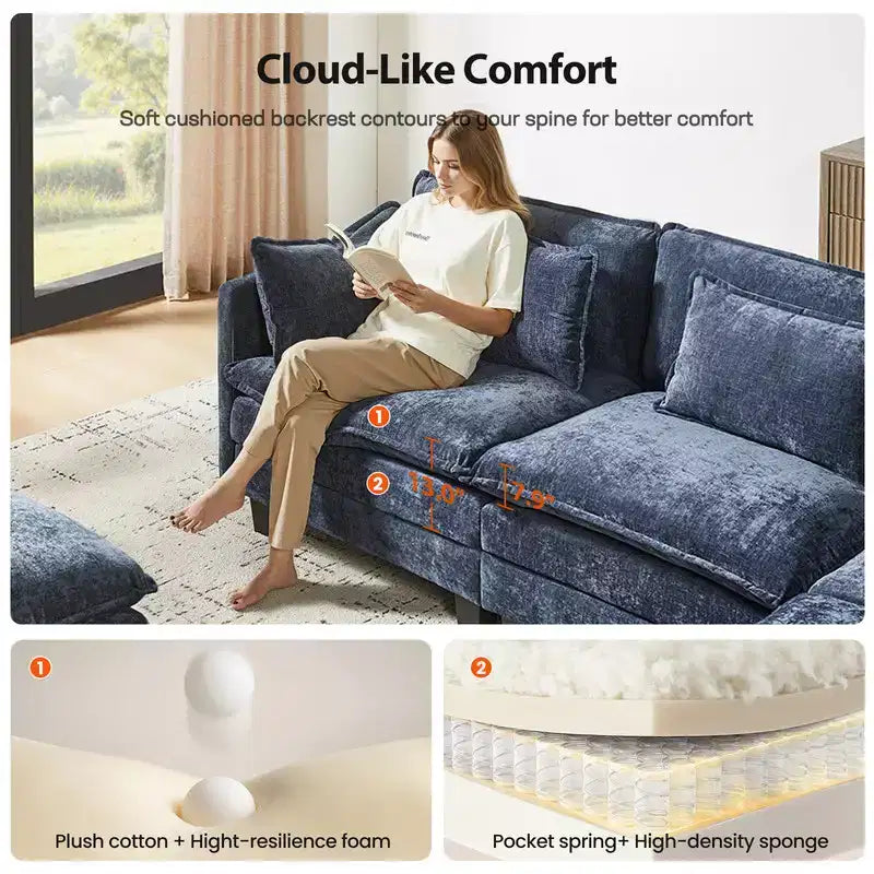 Divano modulare componibile in ciniglia grigia moderna, divano a L combinabile regolabile, mobili per soggiorno combinabili in modo flessibile, blu