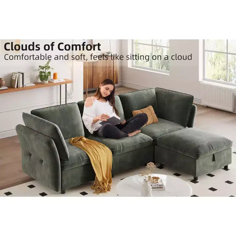 Divano Sezionale Modulare a L da 97", con Spazio Contenitore, Divano Comodo a Nuvola a 4 Posti con Pouf Mobile, Seduta Profonda, Divani Sezionali Moderni