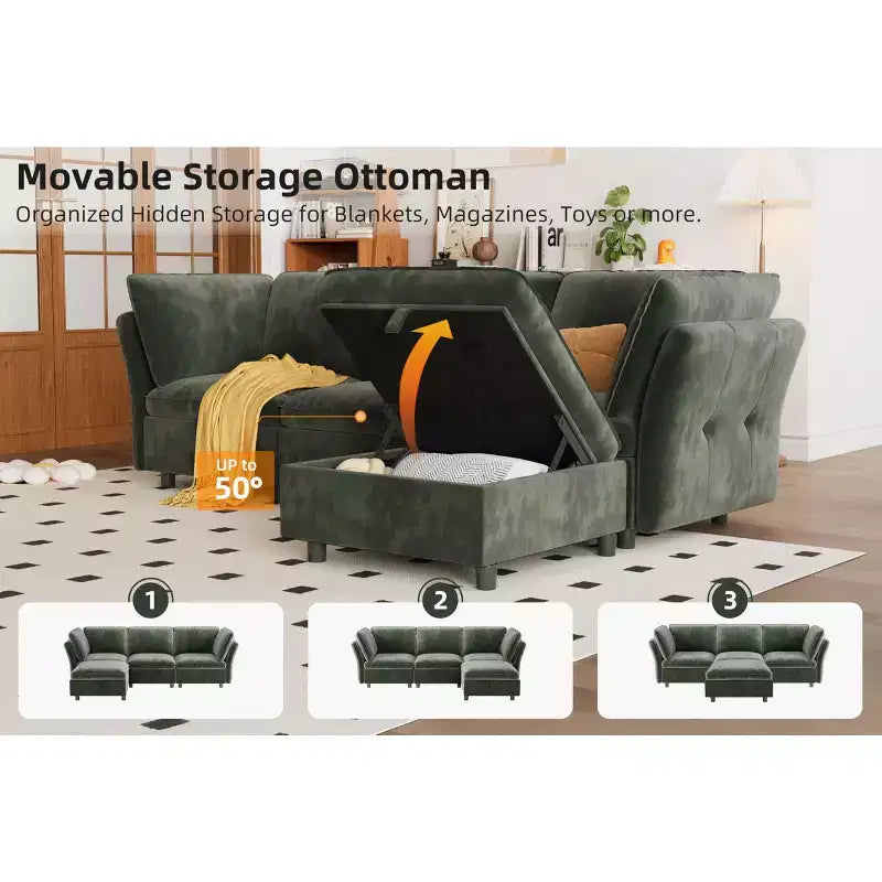 Divano Sezionale Modulare a L da 97", con Spazio Contenitore, Divano Comodo a Nuvola a 4 Posti con Pouf Mobile, Seduta Profonda, Divani Sezionali Moderni